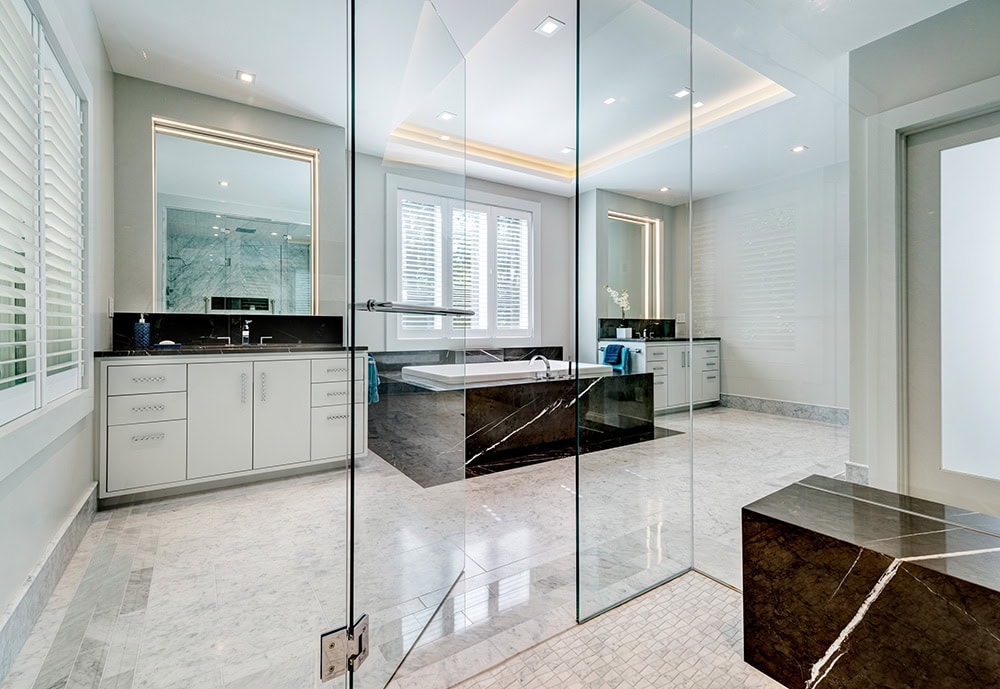 Cranston Contemporary marble bathroom renovation with walk-in steam shower and modern vanity