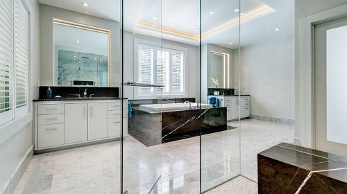 Cranston Contemporary marble bathroom renovation with walk-in steam shower and modern vanity